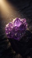 Purple amethyst crystal cluster with magical sparkles and golden light beam on dark stone surface for spiritual healing and meditation practices.
