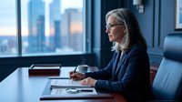 Professional mature Caucasian businesswoman in navy suit working at executive office desk with city skyline view, corporate leadership and success.