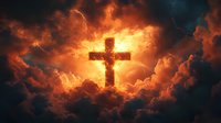 Dramatic glowing cross in stormy sky with lightning bolts and dark clouds illuminated by intense orange light, creating spiritual atmosphere for religious designs.