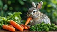 Adorable gray bunny rabbit eating fresh orange carrot among vegetables on wooden table with green natural garden background, close up view of domestic pet.