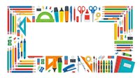 School supplies frame with colorful pens, pencils, scissors, rulers and markers arranged on white background, isolated design element for educational materials and stationery projects.