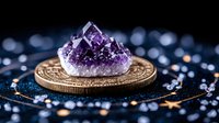 Raw amethyst crystal cluster on vintage golden coin against dark background with sparkling bokeh lights and scattered crystals creating magical atmosphere.