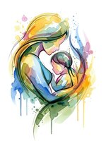 Watercolor mother and child embrace in flowing artistic style with colorful paint splashes and drips on white background for emotional family designs.