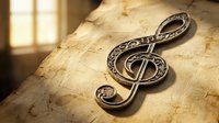 Ornate treble clef symbol with decorative patterns on aged parchment paper, warm sunlight streaming through window creating vintage musical atmosphere.