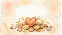 Watercolor heart surrounded by golden coins and decorative foliage on textured background for wealth abundance and prosperity themed designs.