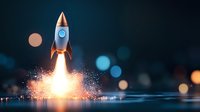 Retro rocket launching with bright flame and sparkles against dark background with bokeh lights, symbolizing business startup and innovation success.
