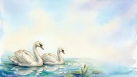 Two white swans glide gracefully across calm blue water with aquatic plants, rendered in soft watercolor style for nature and wildlife design projects.