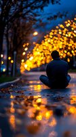 Person sitting alone on wet pavement at dusk, surrounded by golden bokeh lights and autumn leaves reflecting in puddles, creating atmospheric evening mood.