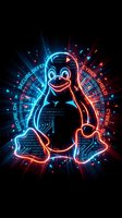 Neon glowing penguin mascot with cybersecurity elements and binary code on dark background for tech and digital security concepts.