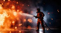 Firefighter in protective gear battles intense flames with water hose during emergency response operation with dramatic lighting and sparks.