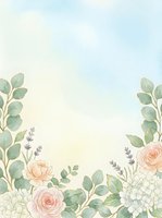 Watercolor floral frame with eucalyptus leaves, roses, and hydrangeas on soft pastel background. Isolated design element for invitations, greeting cards, and wedding stationery projects.