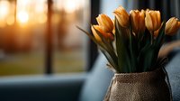 Fresh orange tulips in rustic burlap vase against blurred window background with warm sunset light creating cozy home atmosphere. Perfect for spring decor and interior design.