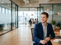 Young Caucasian male professional in navy blazer and light shirt seated in modern office space with glass partitions, wooden desk, and blurred colleagues in background.