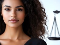 Young African American female lawyer with natural curly hair and professional appearance, scales of justice in background representing legal profession and justice system.