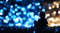 Child silhouette sitting on grass under magical bokeh lights creating dreamy nighttime atmosphere for holiday celebrations and festive occasions.