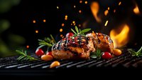 Juicy grilled beef steak with rosemary sprigs and cherry tomatoes on barbecue grill with fire flames and sparks against dark background. Professional food photography.