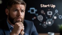 Thoughtful businessman contemplating startup strategy with hand on chin against blurred technology icons background for entrepreneurship concepts.