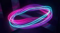 Glowing neon tubes in magenta and cyan create an abstract oval loop against dark background, suitable for tech and digital design projects.