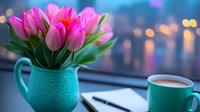 Pink tulips in turquoise vase with coffee cup on table against bokeh city lights background creating cozy spring morning atmosphere for home decor concepts.