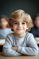 Smiling young boy with blonde wavy hair wearing light gray sweater sitting at desk in classroom setting with blurred background. Natural lighting highlights cheerful expression.