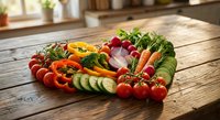 Fresh colorful vegetables arranged in heart shape on rustic wooden table in bright kitchen. Healthy eating and nutrition concept for cooking.