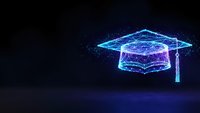 Futuristic digital graduation cap made of glowing blue wireframe lines and particles on dark background for education technology concepts.