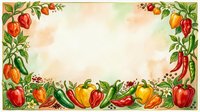 Vintage vegetable border frame with fresh peppers, tomatoes and produce arranged on cream background, suitable for recipe cards, menus and kitchen designs.