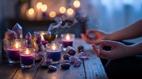 Woman practicing meditation with burning candles and crystals on wooden table creating peaceful spiritual atmosphere for mindfulness and relaxation.