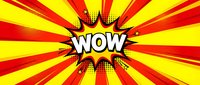 Comic book style wow explosion burst with red and yellow radiating rays, halftone dots pattern for pop art design, advertising and promotional materials.