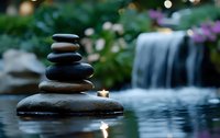 Balanced zen stones and glowing candle near waterfall in tranquil garden setting, soft bokeh background creates peaceful spa atmosphere for wellness and meditation.