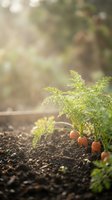 Fresh carrots growing in rich dark soil with green leafy tops in sunlit organic vegetable garden with soft bokeh background for healthy farming concepts.