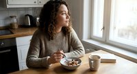 Young mixed-race woman enjoying breakfast cereal at kitchen table by window, morning light creating peaceful domestic atmosphere for lifestyle content.