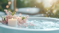 Tranquil spa setting with lit candle and delicate pink cherry blossoms floating on water surface, creating serene atmosphere with soft bokeh light effects.