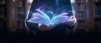Person holding glowing open book with magical light effects and sparkles in library setting for fantasy education concepts.