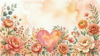 Watercolor floral frame with heart, roses, peonies in warm peach and pink tones, copy space for Valentine or wedding greeting card design.