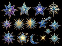 Celestial stars and moon icons in blue, gold, and teal isolated on transparent background, ready for t-shirt designs, clipart, stickers, sublimation, print-on-demand products and digital crafts.