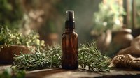 Amber glass spray bottle with fresh rosemary sprigs on rustic wooden surface, creating natural aromatherapy atmosphere in garden setting.