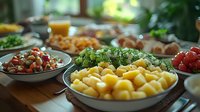 Fresh diced yellow mango in white bowl alongside colorful salads and appetizers on wooden table, bright natural lighting creates appetizing buffet spread.
