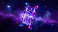 Glowing hourglass floating in cosmic space with purple and blue nebula clouds, stars and galaxy background for time management and universe concepts.