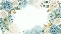 Elegant floral frame with cream roses, blue hydrangeas and eucalyptus leaves on white background for wedding invitations and romantic designs.