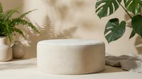 Minimalist white stone podium display stand surrounded by tropical plants and natural shadows for product presentation and branding mockups.