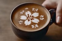 Delicate cherry blossom latte art in creamy coffee foam, served in dark ceramic cup against wooden surface, showcasing barista craftsmanship and Japanese influence.