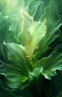 Luminous green leaves with delicate yellow stamens create an ethereal botanical composition against dark background, showcasing nature's organic flowing forms.