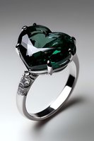 Elegant engagement ring featuring heart-shaped emerald green gemstone set in white gold or platinum with small diamond accents on band against neutral background.