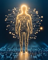 Glowing human silhouette with circuit pattern stands on digital surface, orange light emanating through technological connections against dark blue background.