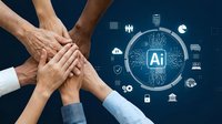 Diverse hands joining together in teamwork gesture with AI artificial intelligence technology icons and neural network symbols on dark background.