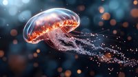 Luminescent jellyfish floating in dark waters with glowing orange and blue bokeh background, trailing translucent tentacles creating magical underwater atmosphere.