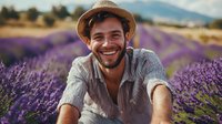 Young bearded man in straw hat smiling while lying in purple lavender field during summer, wearing casual striped shirt, expressing joy and happiness in nature.