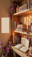 Cozy wooden bookshelf with vintage books, purple flowers, candles and pottery creating warm rustic home library atmosphere for interior design projects.
