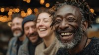 Joyful African American senior man with dreadlocks laughing with diverse group of friends at evening gathering with warm bokeh lights in background.